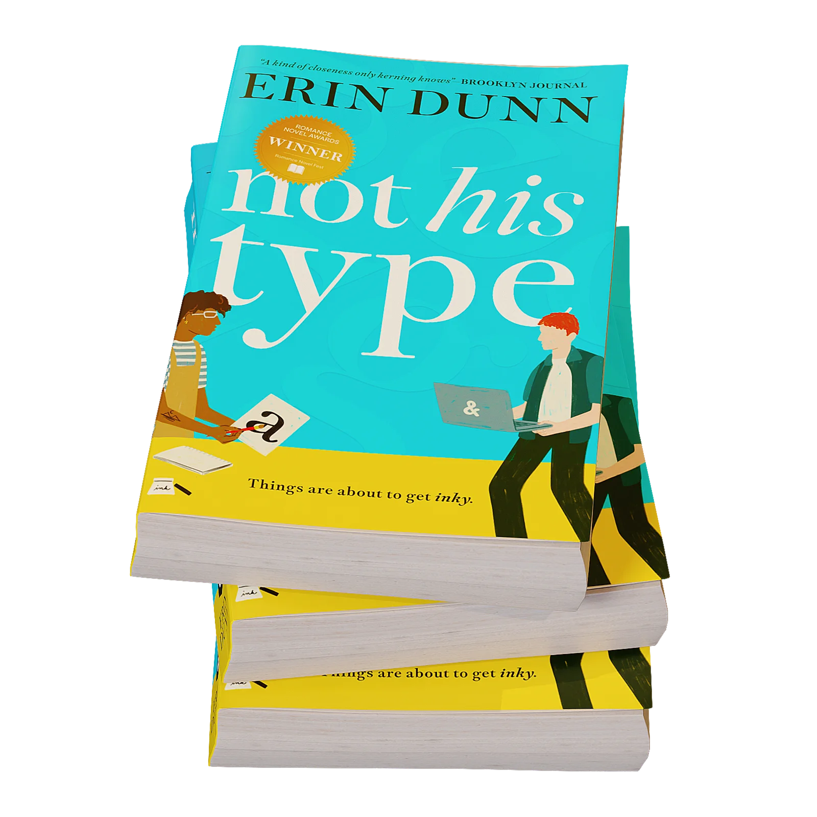 Stacked paperback copies of Not His Type by Erin Dunn, cover illustrated by Isabella Wade